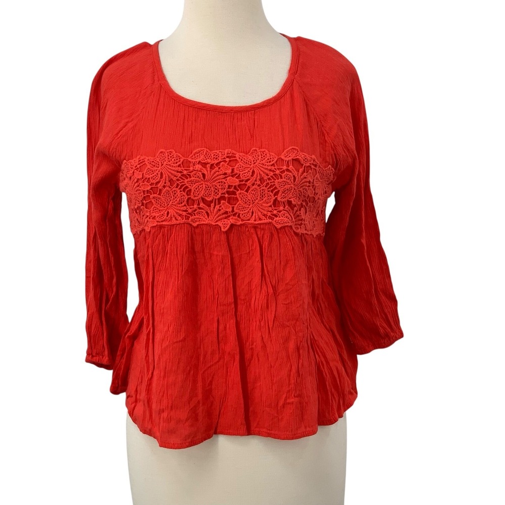 Hollister Womens 3/4 Sleeve Red Pullover Peasant Blouse Crochet Lace Top Size XS
